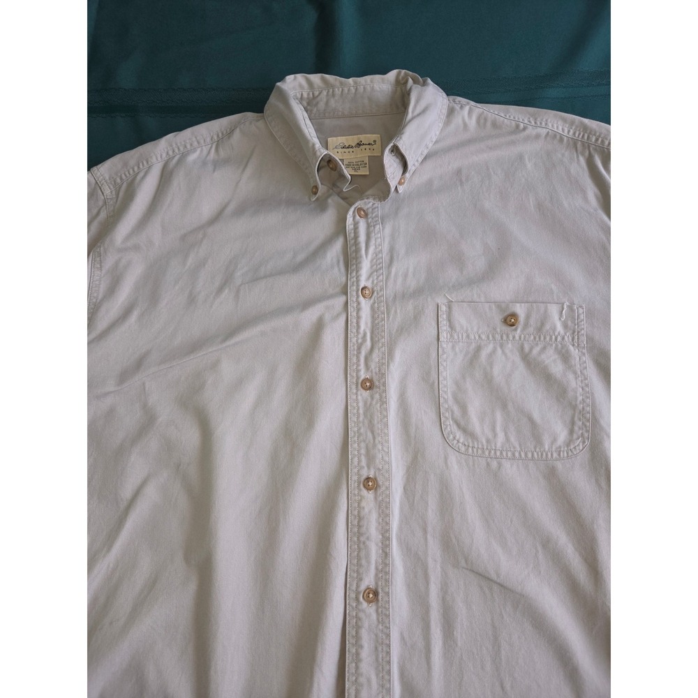 Eddie Bauer Mens XL Short Sleeve Button Down Shirt Khaki Tan 100% Cotton Casual